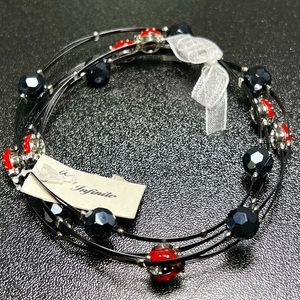 New Infinite Rhinestone Red Ladybugs Beaded Black Wire Bracelet Set, 4 PCs